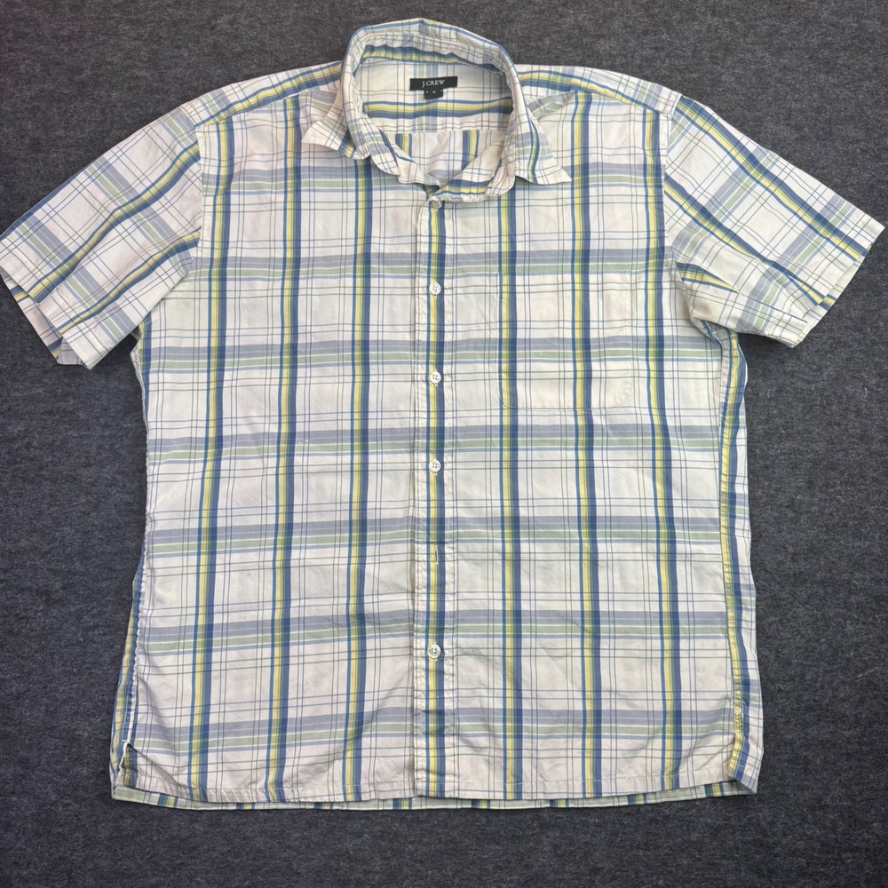J.Crew Button Down Shirt Mens Size M Blue Yellow Plaid Short Sleeve Cotton READ